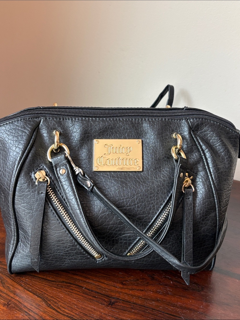 Juicy Couture Black Satchel with Gold Plaque & Zipper Accents